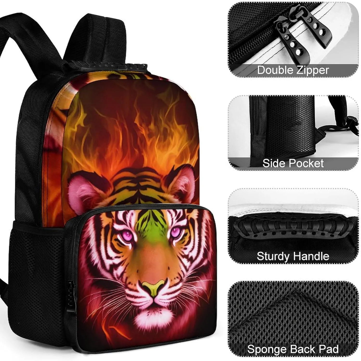 Cool Tiger Head Fire Surreal Style Art Rucksacks Lightweight Multipurpose Anti-Theft Shoulder Bag Big Capacity Laptop Book Bag Rucksack With Padded Straps