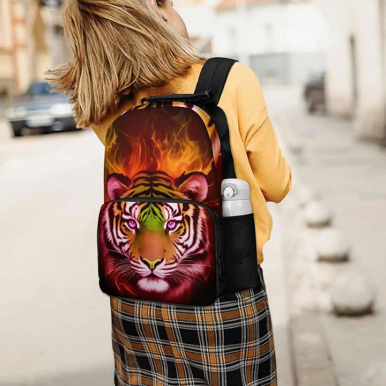 Cool Tiger Head Fire Surreal Style Art Rucksacks Lightweight Multipurpose Anti-Theft Shoulder Bag Big Capacity Laptop Book Bag Rucksack With Padded Straps