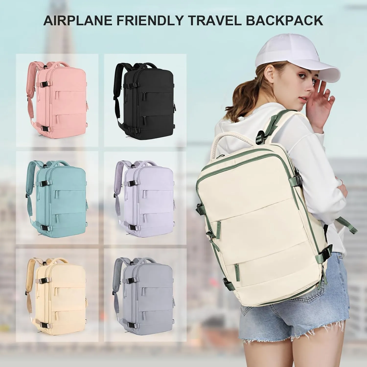 coowoz Large Travel Backpack for Women Men,Carry On Backpack Flight Approved,Hiking Backpack Outdoor Rucksack Casual Daypack Fit 15.6 Inch Laptop Shoes Compartment White Green L