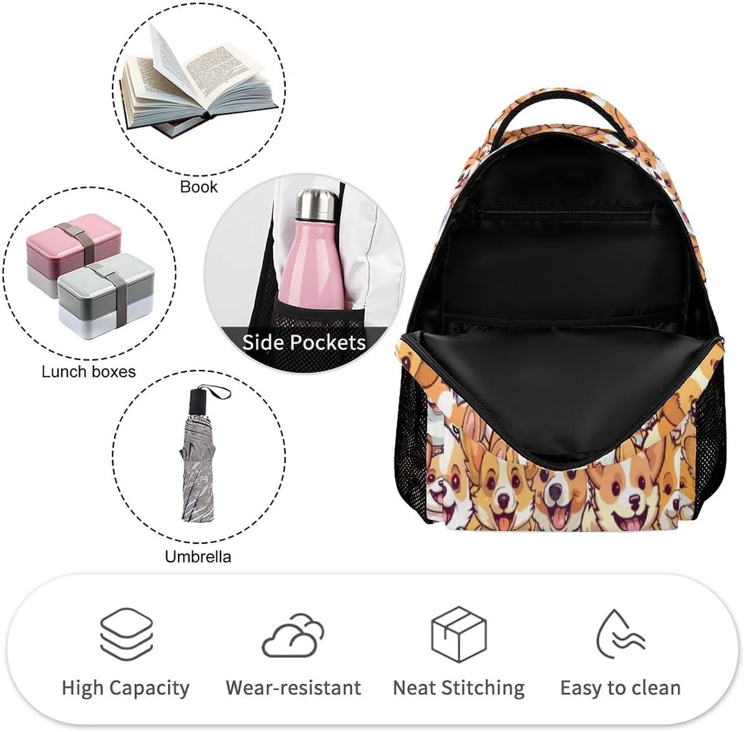 Corgi Dog School Backpack for Kids Girls Boys, 16 Inch Cute Corgi Dogs Themed Bookbag, Personalized School Backpack for Students Children, Lightweight, Large Capacity