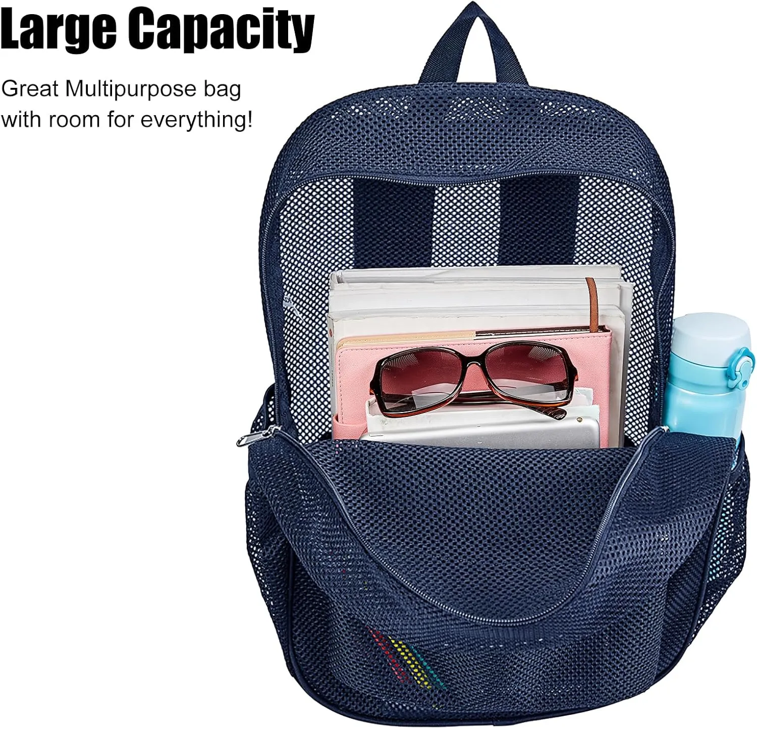 COVAX Mesh Bookbag See Through College Mesh Backpack with Padded Shoulder Straps for Commuting, Swimming, Travel, Beach, Outdoor Sports (Royal Blue)