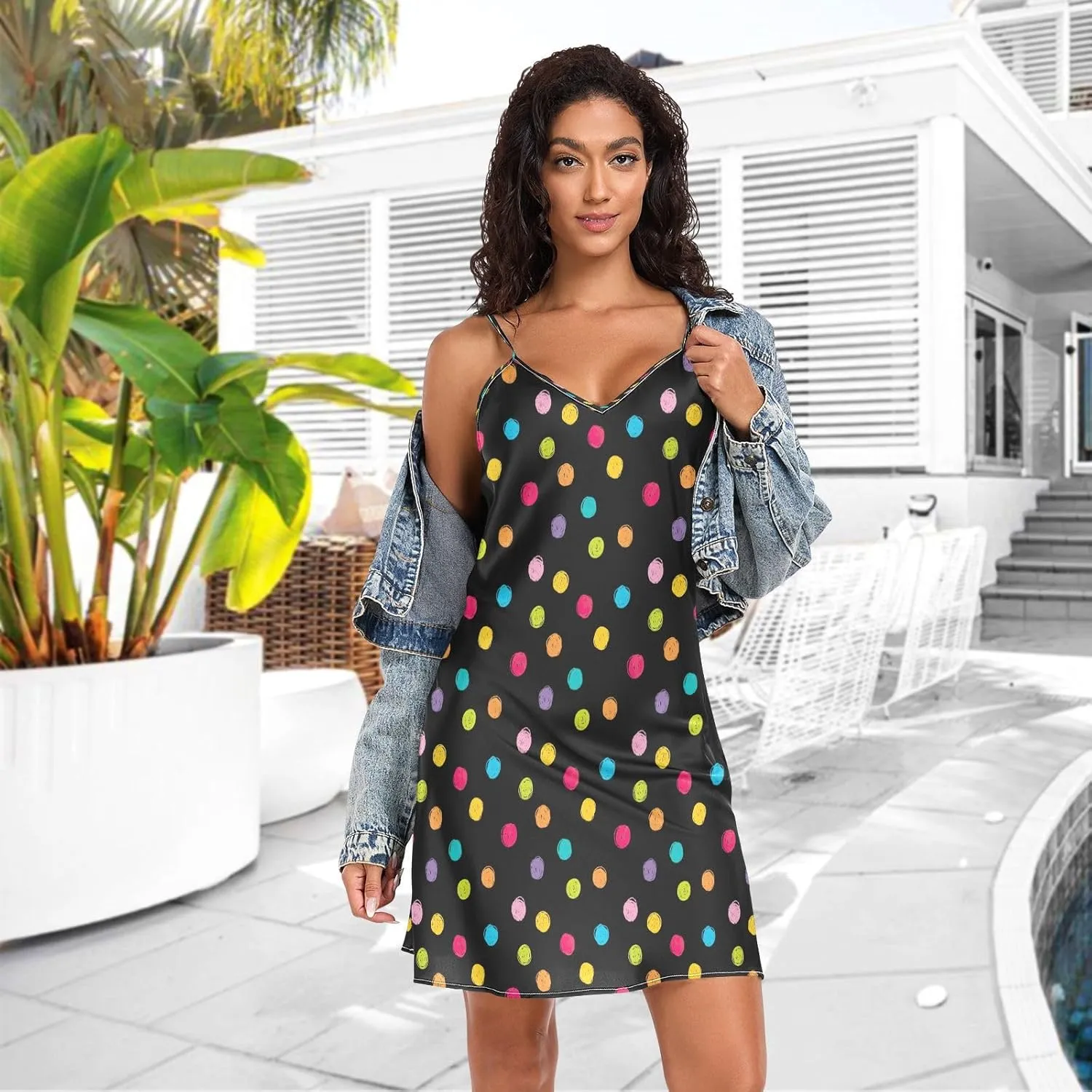 Crayon Polka Dots Black Slip Dress for Women, Adjustable Spaghetti Strap V Neck Women's Satin Nightgown, S