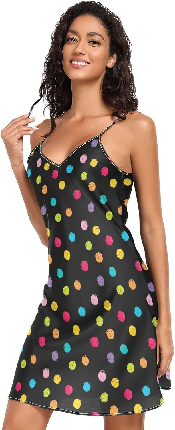 Crayon Polka Dots Black Slip Dress for Women, Adjustable Spaghetti Strap V Neck Women's Satin Nightgown, S