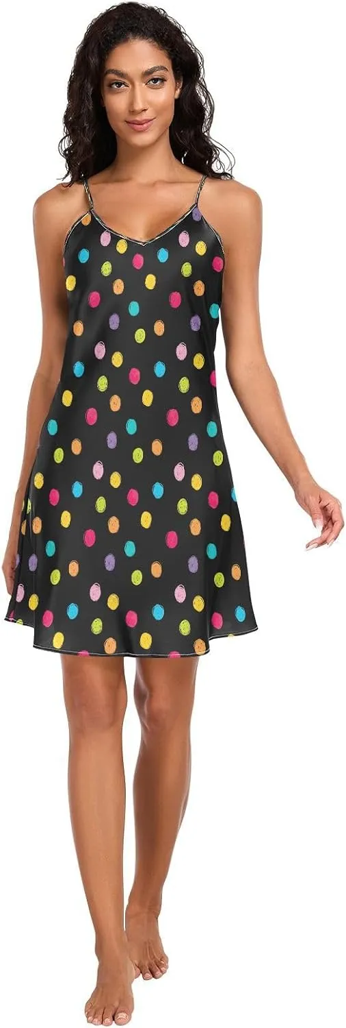 Crayon Polka Dots Black Slip Dress for Women, Adjustable Spaghetti Strap V Neck Women's Satin Nightgown, S