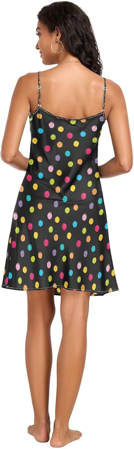Crayon Polka Dots Black Slip Dress for Women, Adjustable Spaghetti Strap V Neck Women's Satin Nightgown, S