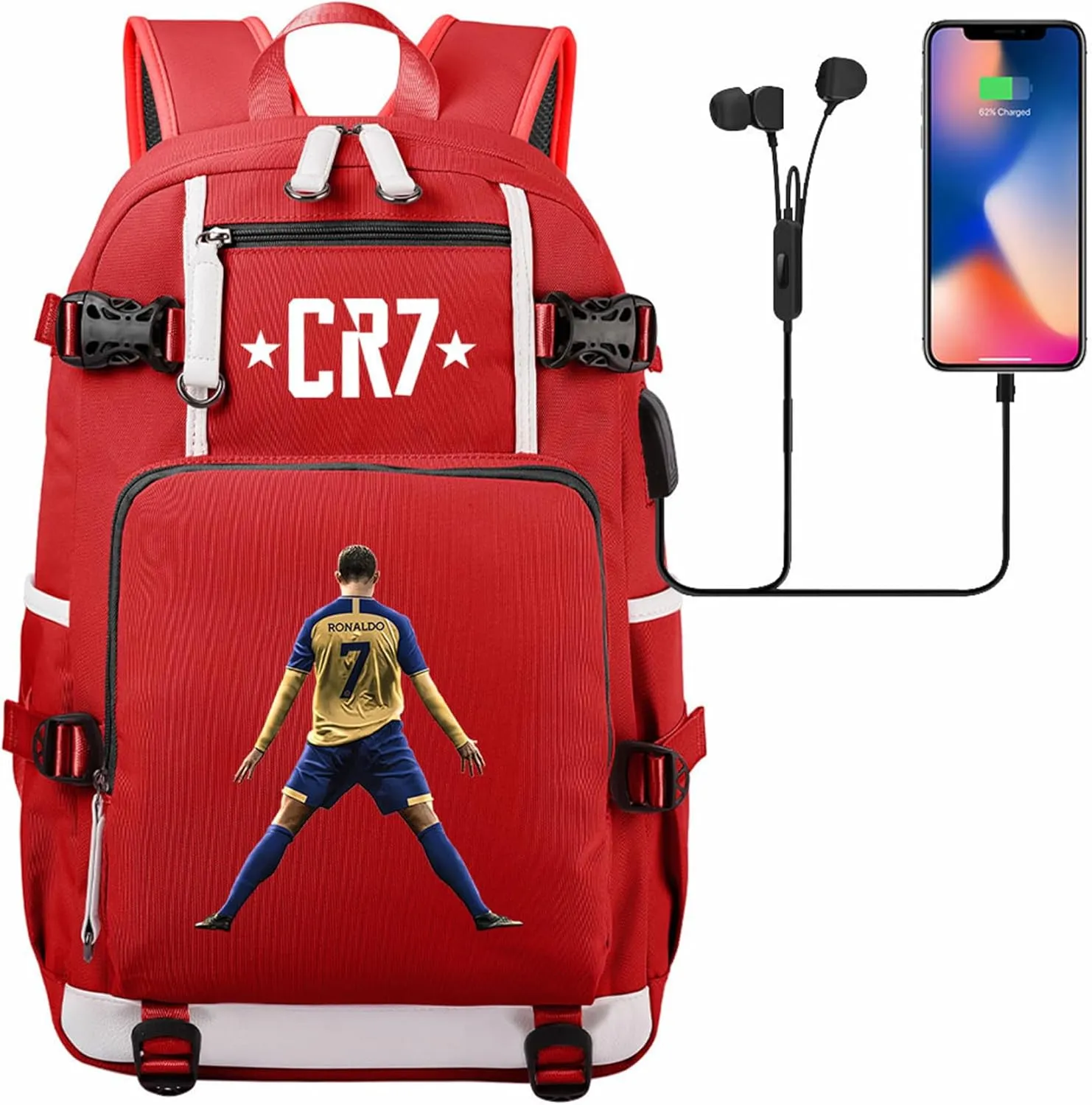 Cristiano Ronaldo Backpack with USB Charging Port Outdoor Travel Bookbag Classic Canvas Bagpack Lightweight Daypack