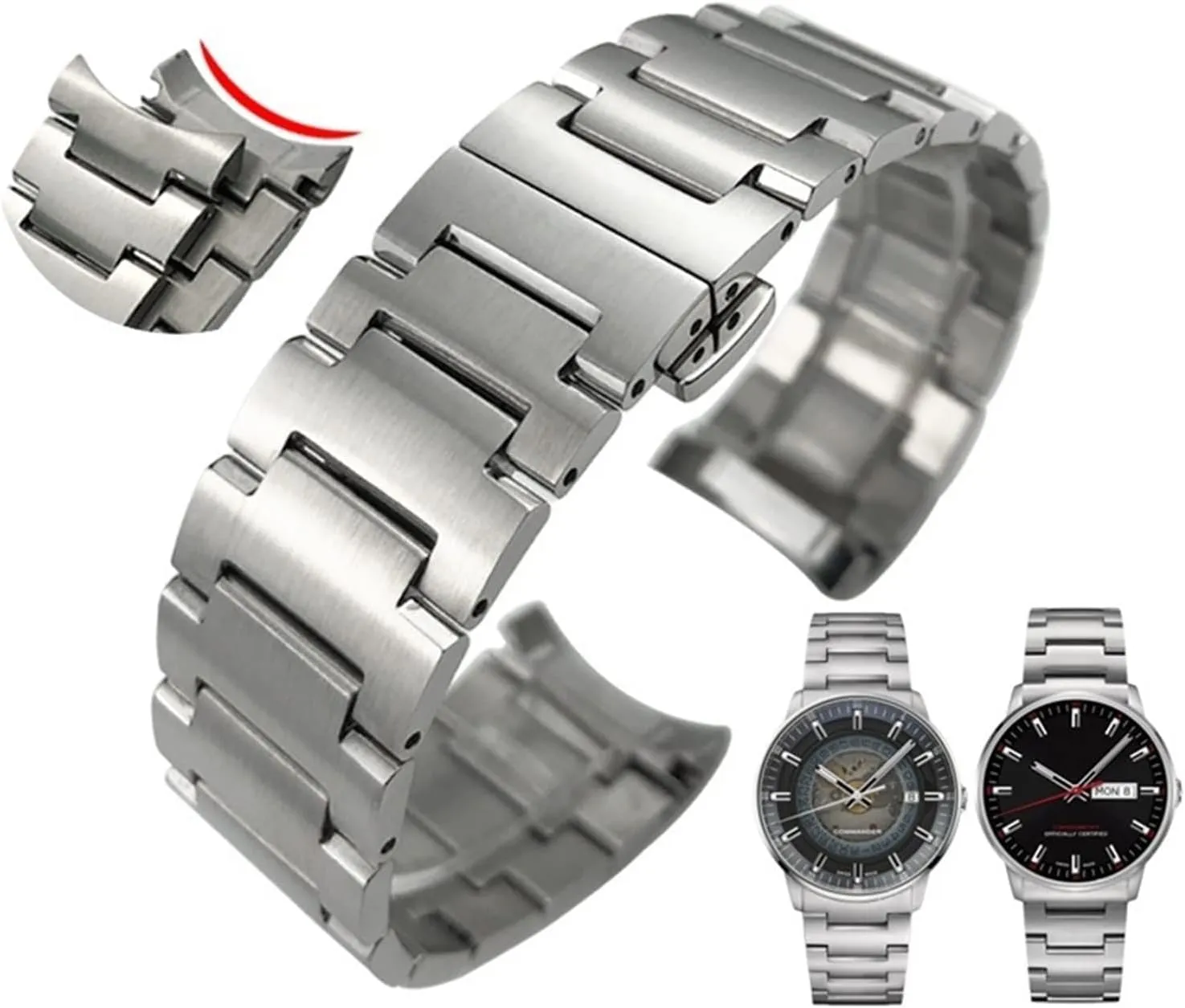 Curved End Solid Stainless Steel Watch Band for MIDO M021.431 for MIDO 40mm Commander Series Men Wrist Strap