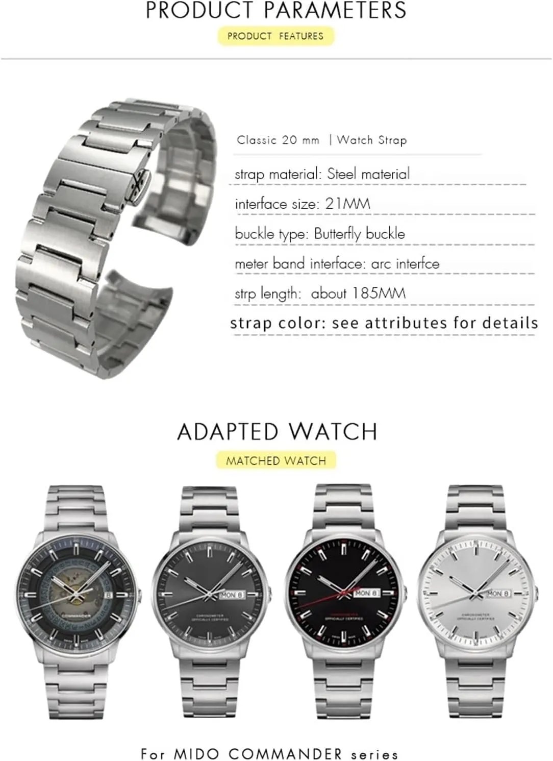 Curved End Solid Stainless Steel Watch Band for MIDO M021.431 for MIDO 40mm Commander Series Men Wrist Strap