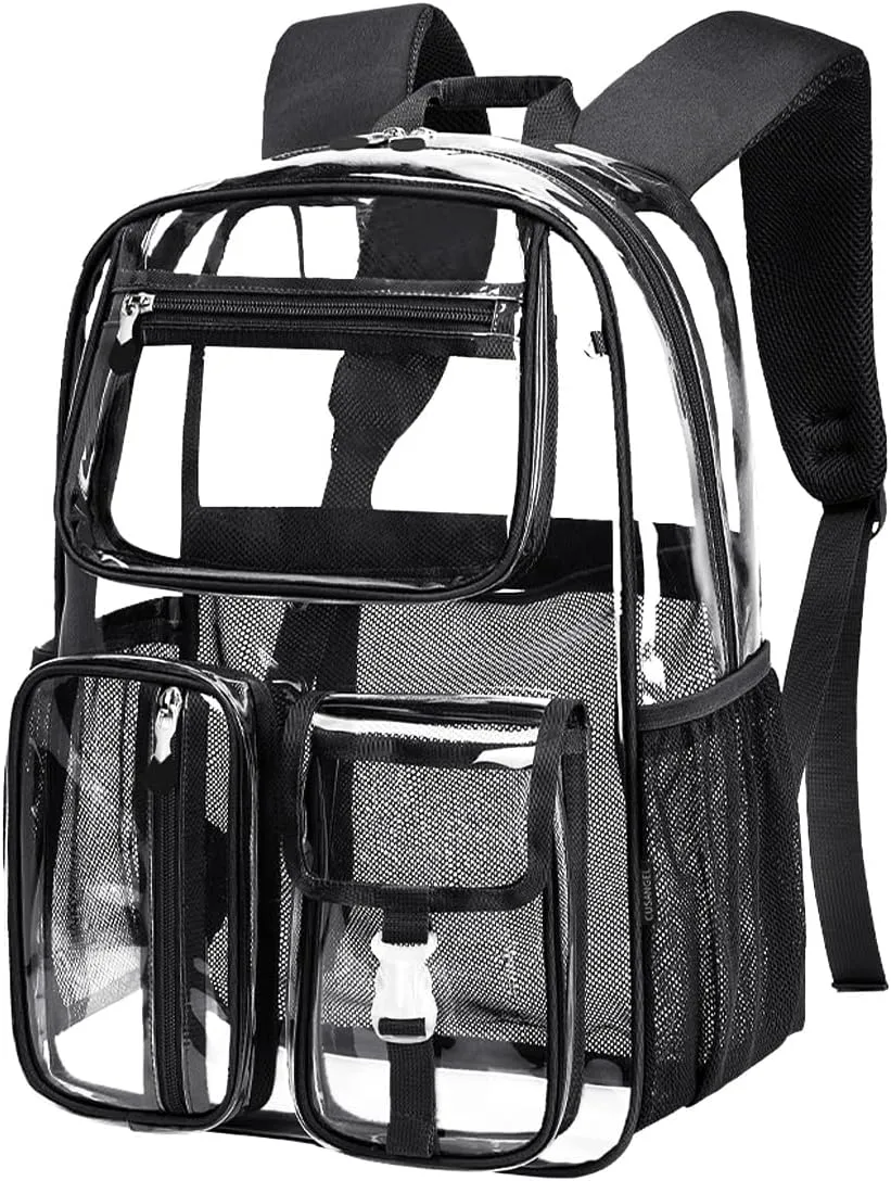 Cusangel Clear Backpack for Stadium Events,16 inch TPU See Through Backpack Sports approved,Heavy Duty Large Capacity, for 12Age or old student,group activities,work,warehouse,fair and rodeo(Black)