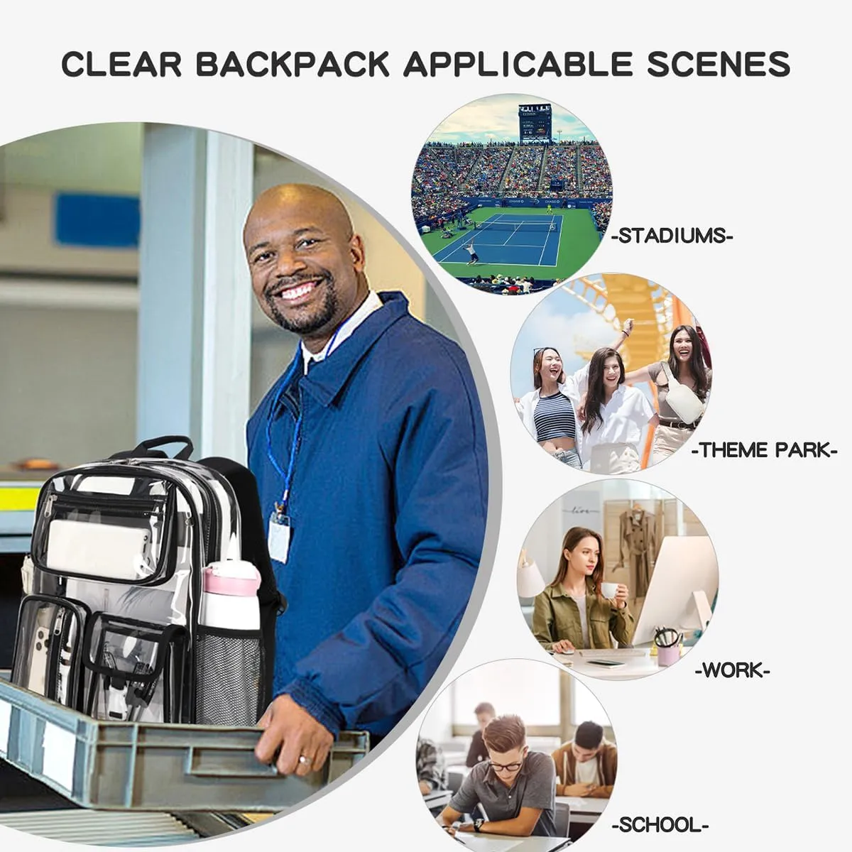 Cusangel Clear Backpack for Stadium Events,16 inch TPU See Through Backpack Sports approved,Heavy Duty Large Capacity, for 12Age or old student,group activities,work,warehouse,fair and rodeo(Black)