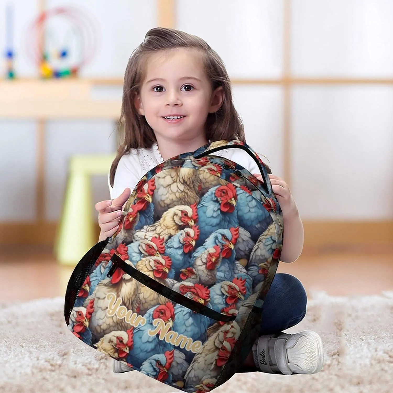 Custom Chicken Backpack for Kids Girls Boys School, 16 Inches Cute Chicken Theme Bookbag, Adjustable, Lightweight, Large Capacity, Colorful Chicken Backpack for School