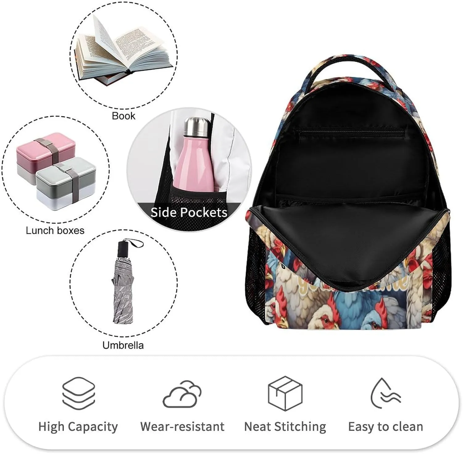 Custom Chicken Backpack for Kids Girls Boys School, 16 Inches Cute Chicken Theme Bookbag, Adjustable, Lightweight, Large Capacity, Colorful Chicken Backpack for School