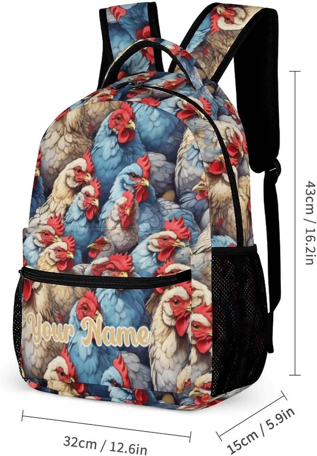 Custom Chicken Backpack for Kids Girls Boys School, 16 Inches Cute Chicken Theme Bookbag, Adjustable, Lightweight, Large Capacity, Colorful Chicken Backpack for School