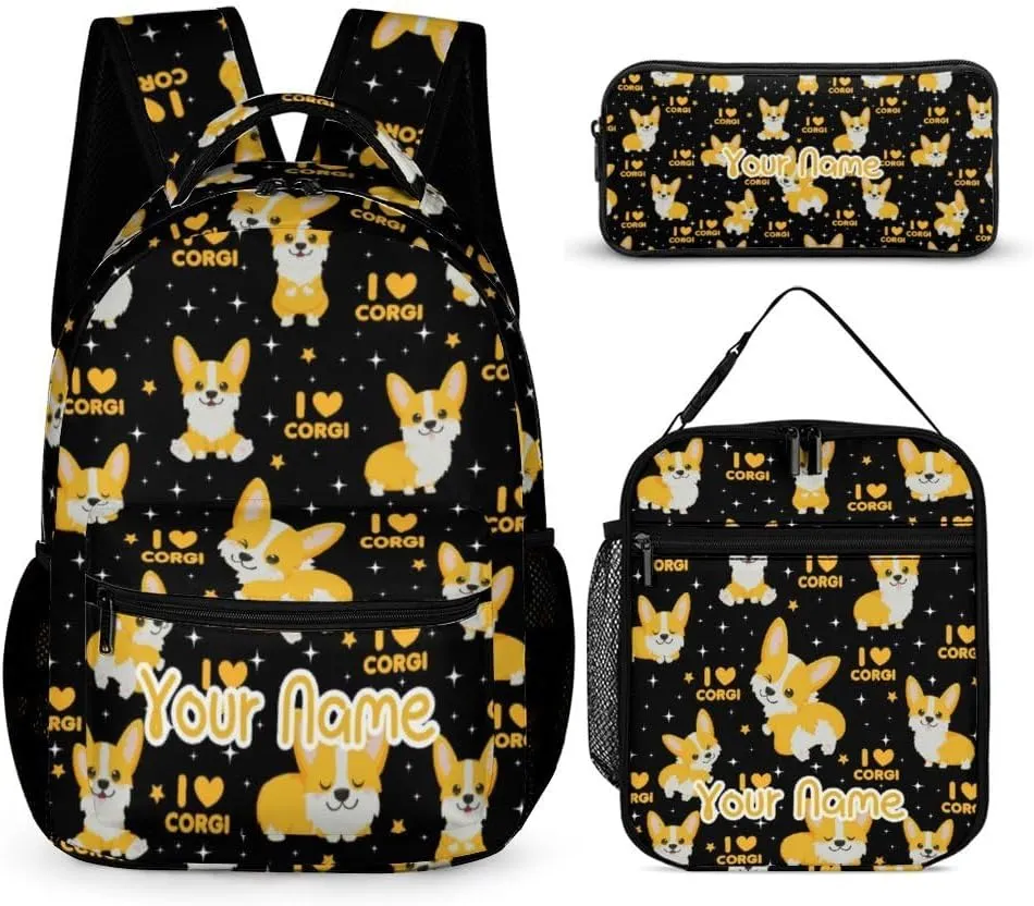 Custom Corgi Dog Backpack with Lunch Box & Pencil Case for Kids Girls Boys School, 16 Inch Cute Corgi Dogs Bookbag, School Backpack for Students Children, Lightweight, Large Capacity