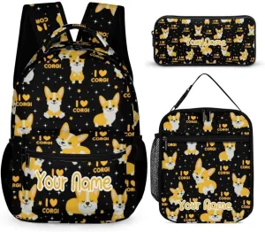 Custom Corgi Dog Backpack with Lunch Box & Pencil Case for Kids Girls Boys School, 16 Inch Cute Corgi Dogs Bookbag, School Backpack for Students Children, Lightweight, Large Capacity