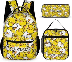 Custom Duck Backpack with Lunch Box & Pencil Case, 16 Inch Cute Duck Bookbag, Adjustable Lightweight Large Capacity, Colorful Duck Backpack Set for Kids Girls Boys School