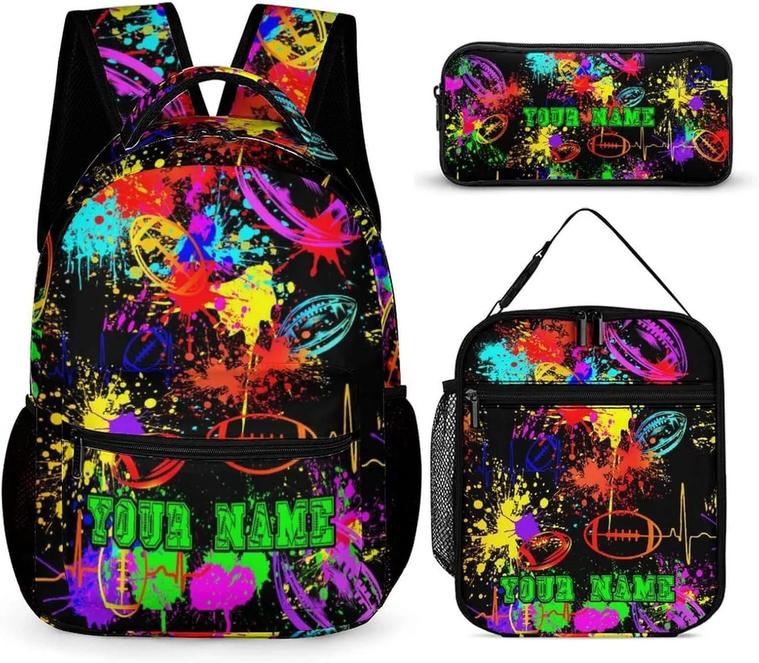 Custom Football Backpack with Lunch Box & Pencil Case for Kids Girls Boys School, 16 Inch Cool Football Bookbag, School Backpack for Students Children, sustainable, Lightweight, Large Capacity