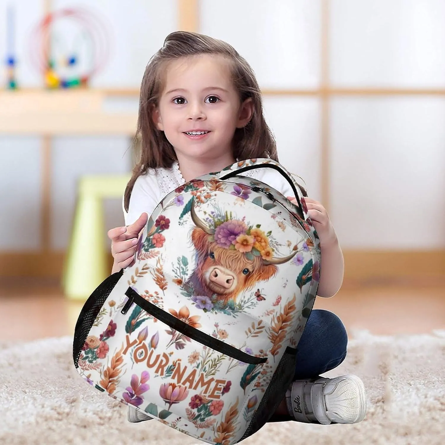 Custom Highland Cow Backpack for Kids Girls Boys School, 16 Inches Cute Highland Cow Theme Bookbag, Adjustable, Lightweight, Large Capacity, Colorful Backpack for School