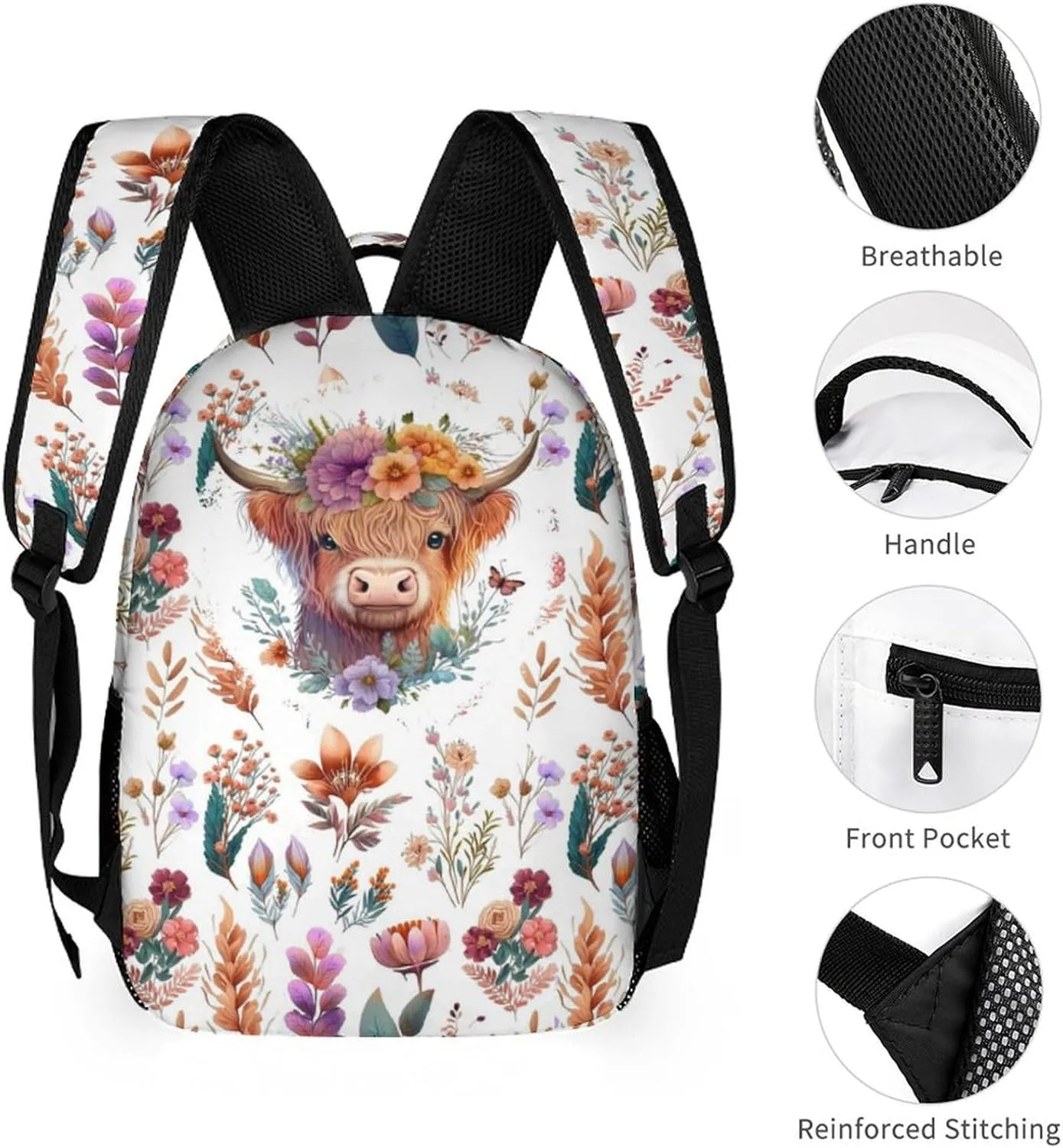 Custom Highland Cow Backpack for Kids Girls Boys School, 16 Inches Cute Highland Cow Theme Bookbag, Adjustable, Lightweight, Large Capacity, Colorful Backpack for School