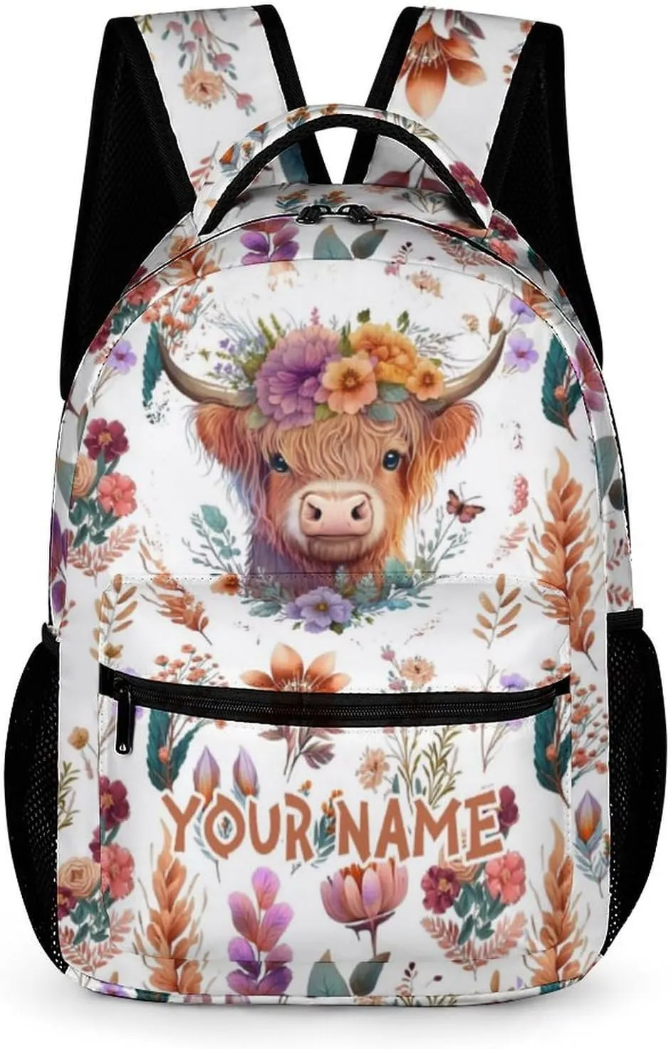 Custom Highland Cow Backpack for Kids Girls Boys School, 16 Inches Cute Highland Cow Theme Bookbag, Adjustable, Lightweight, Large Capacity, Colorful Backpack for School