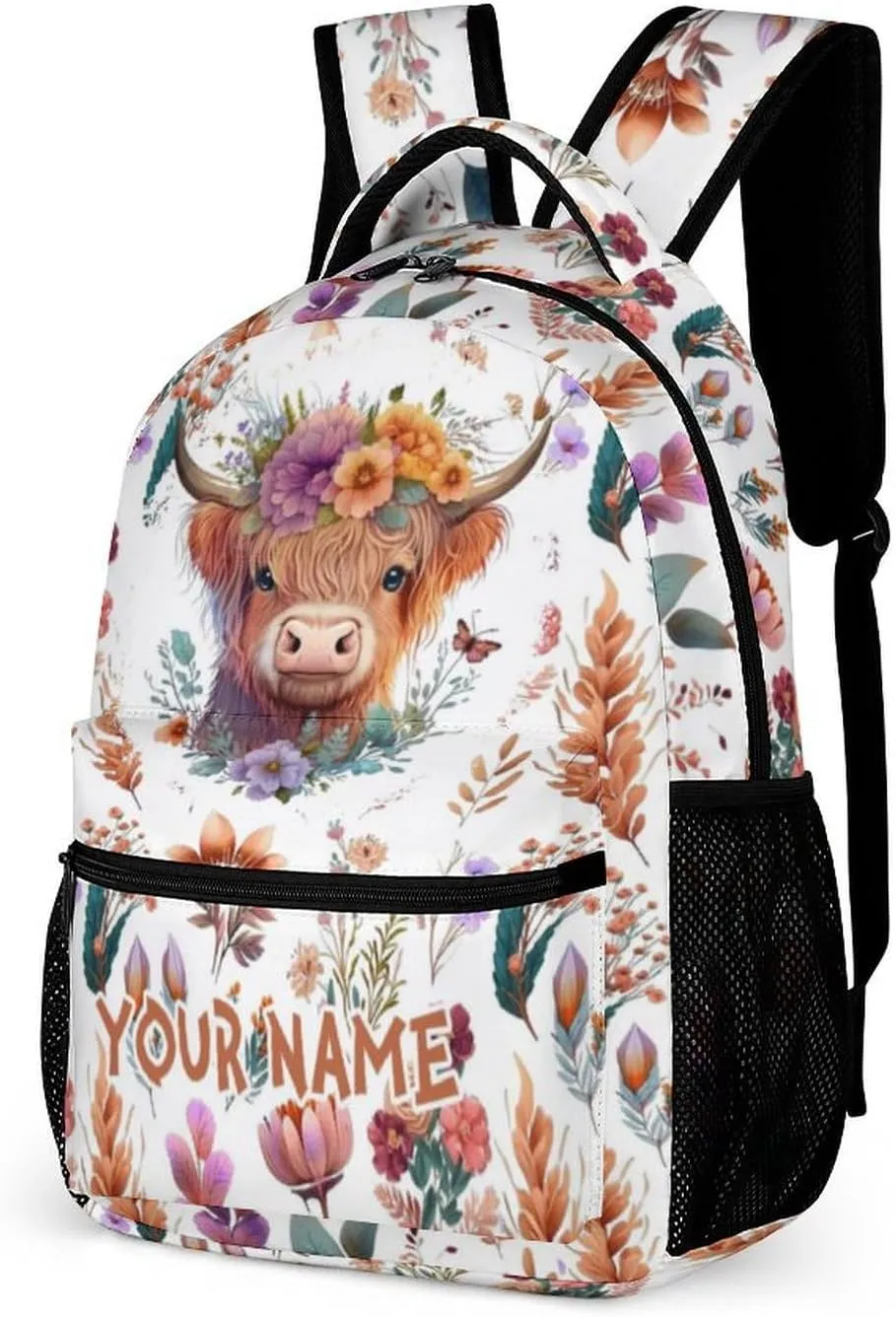 Custom Highland Cow Backpack for Kids Girls Boys School, 16 Inches Cute Highland Cow Theme Bookbag, Adjustable, Lightweight, Large Capacity, Colorful Backpack for School