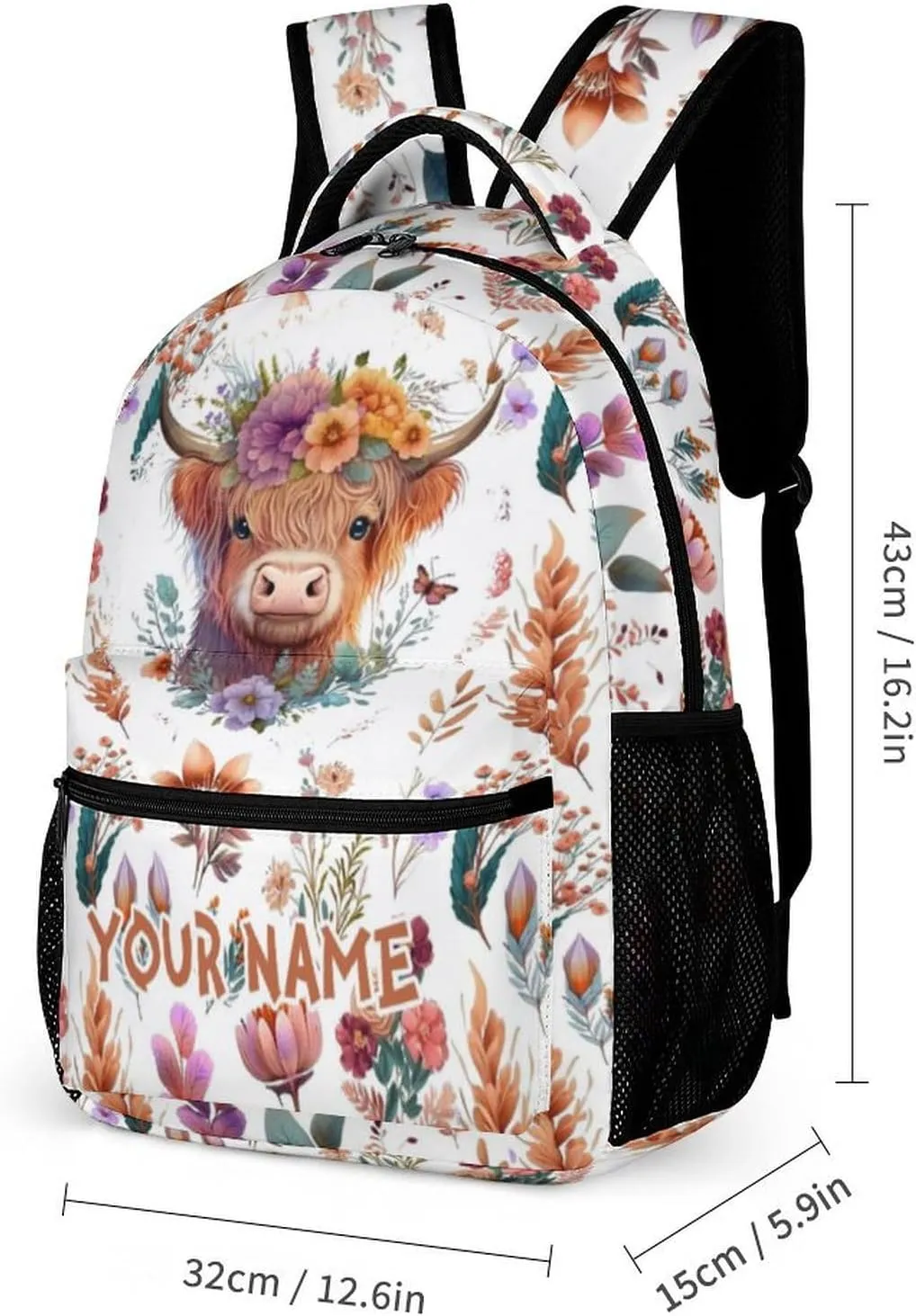 Custom Highland Cow Backpack for Kids Girls Boys School, 16 Inches Cute Highland Cow Theme Bookbag, Adjustable, Lightweight, Large Capacity, Colorful Backpack for School