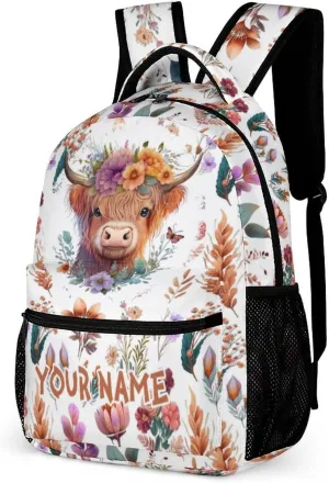 Custom Highland Cow Backpack for Kids Girls Boys School, 16 Inches Cute Highland Cow Theme Bookbag, Adjustable, Lightweight, Large Capacity, Colorful Backpack for School