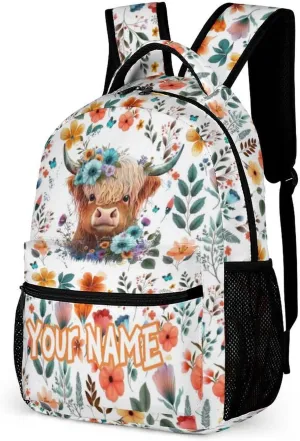 Custom Highland Cow School Backpack for Kids Girls Boys, 16 Inch Cute Highland Cow Themed Bookbag, Personalized School Backpack for Students Children, sustainable, Lightweight, Large Capacity