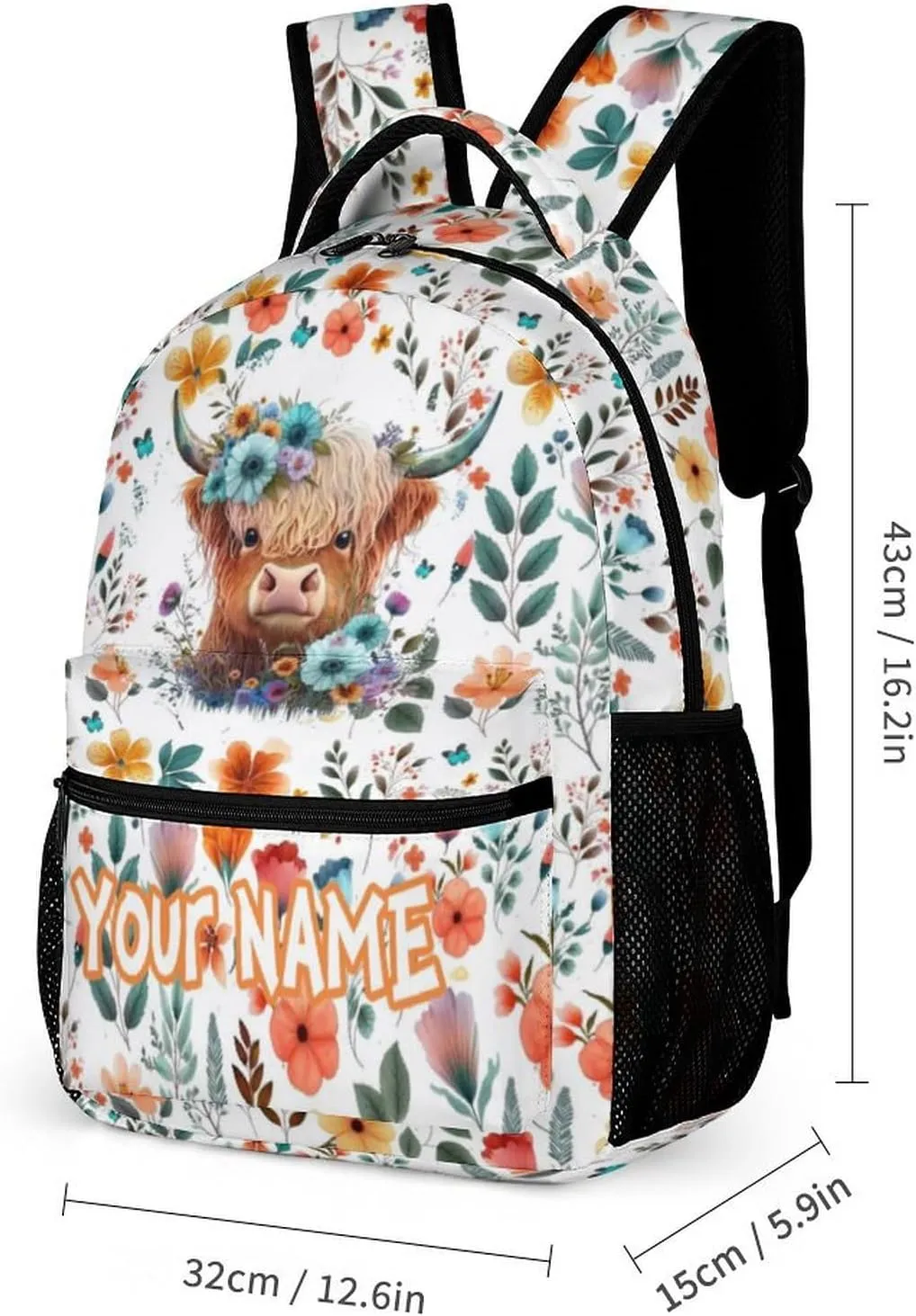 Custom Highland Cow School Backpack for Kids Girls Boys, 16 Inch Cute Highland Cow Themed Bookbag, Personalized School Backpack for Students Children, sustainable, Lightweight, Large Capacity