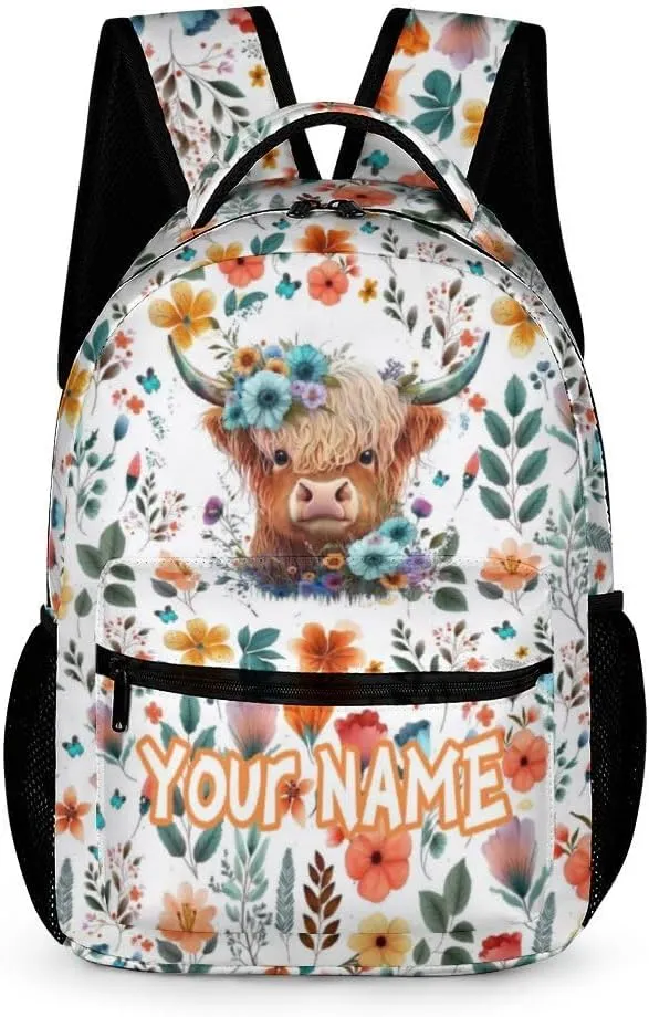 Custom Highland Cow School Backpack for Kids Girls Boys, 16 Inch Cute Highland Cow Themed Bookbag, Personalized School Backpack for Students Children, sustainable, Lightweight, Large Capacity