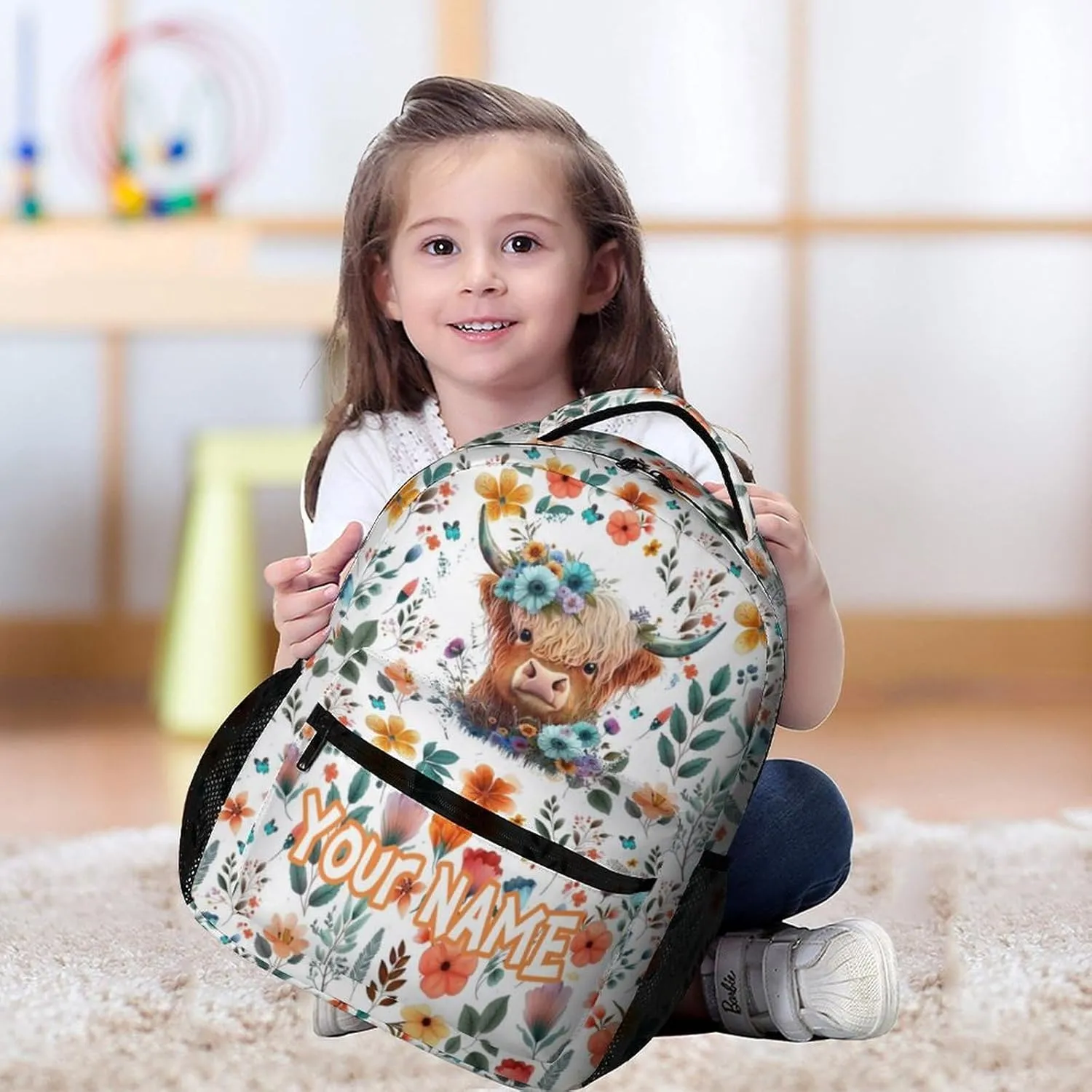 Custom Highland Cow School Backpack for Kids Girls Boys, 16 Inch Cute Highland Cow Themed Bookbag, Personalized School Backpack for Students Children, sustainable, Lightweight, Large Capacity