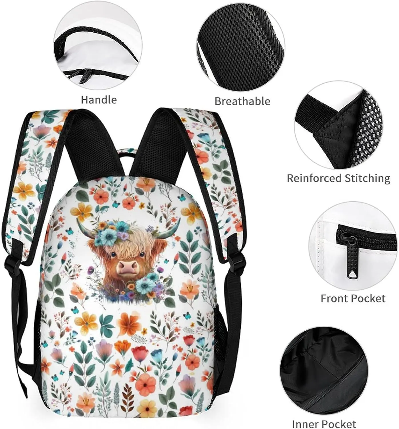 Custom Highland Cow School Backpack for Kids Girls Boys, 16 Inch Cute Highland Cow Themed Bookbag, Personalized School Backpack for Students Children, sustainable, Lightweight, Large Capacity