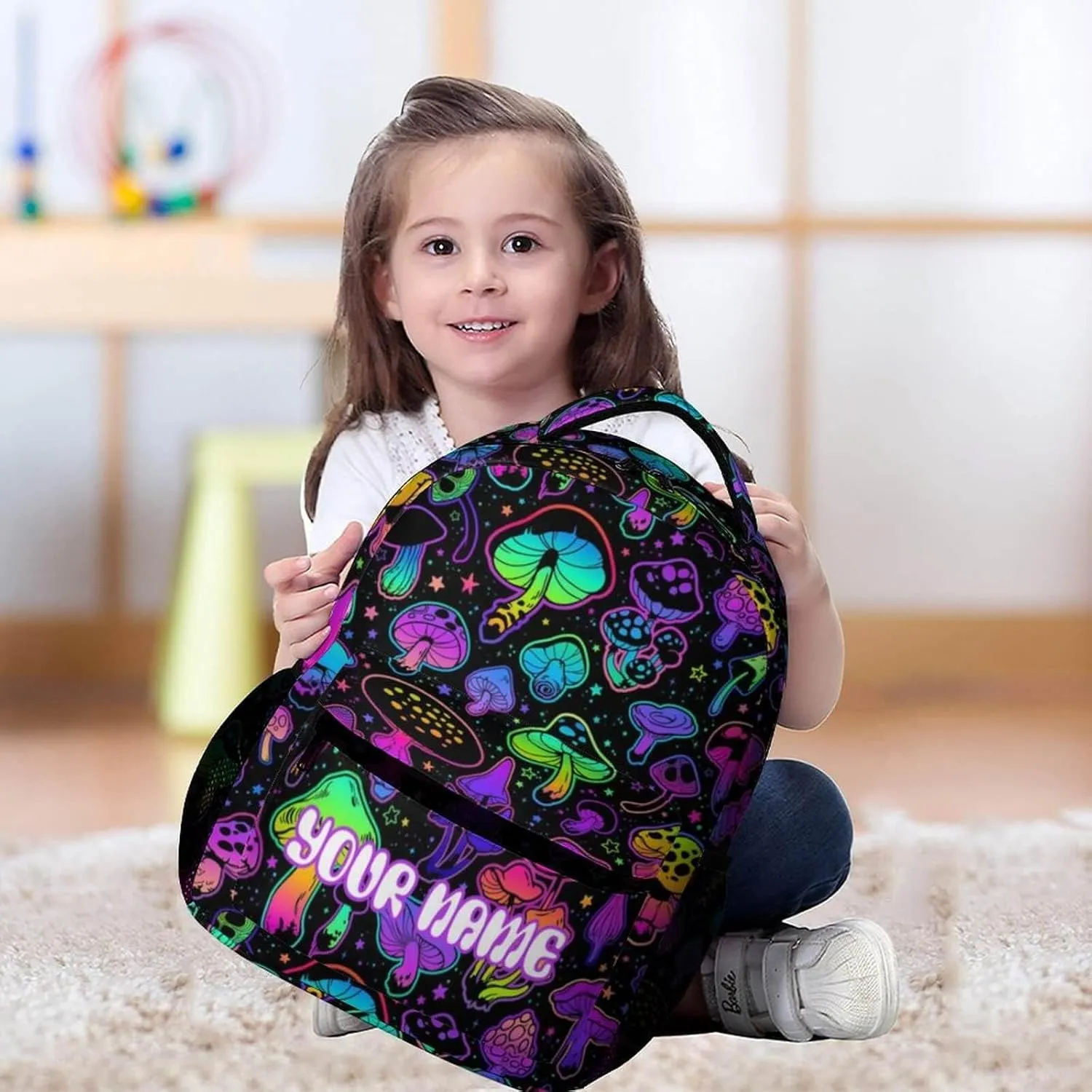Custom Mushroom School Backpack for Kids Girls Boys, 16 Inch Cute Mushrooms Themed Bookbag, Personalized School Backpack for Students Children, Lightweight, Large Capacity