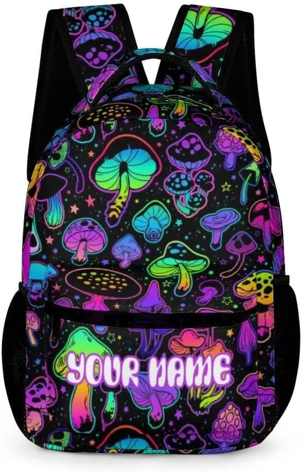 Custom Mushroom School Backpack for Kids Girls Boys, 16 Inch Cute Mushrooms Themed Bookbag, Personalized School Backpack for Students Children, Lightweight, Large Capacity