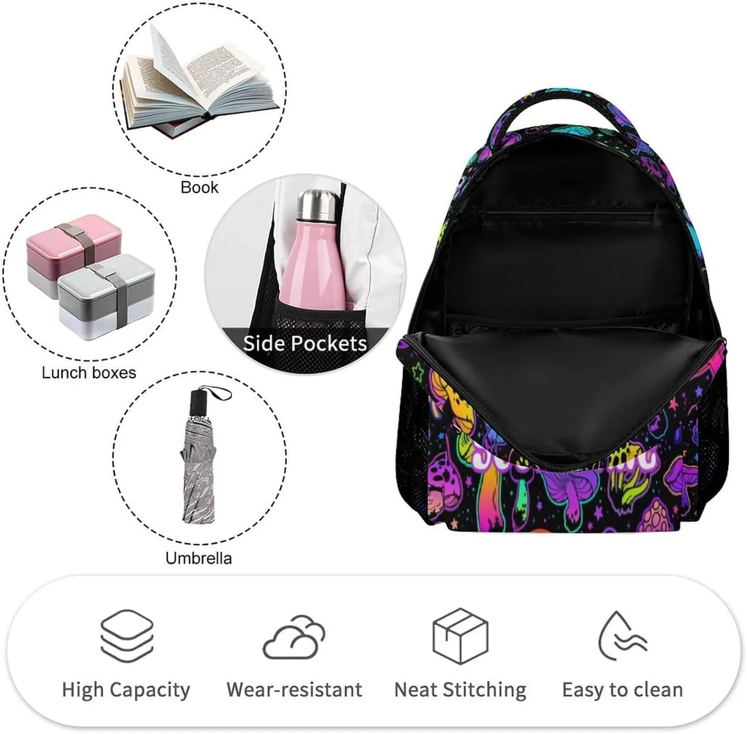 Custom Mushroom School Backpack for Kids Girls Boys, 16 Inch Cute Mushrooms Themed Bookbag, Personalized School Backpack for Students Children, Lightweight, Large Capacity