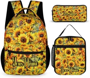 Custom Sunflower Backpack with Lunch Box & Pencil Case for Kids Girls Boys School, 16 Inch Cute Sunflowers Bookbag, School Backpack for Students Children, Lightweight, Large Capacity