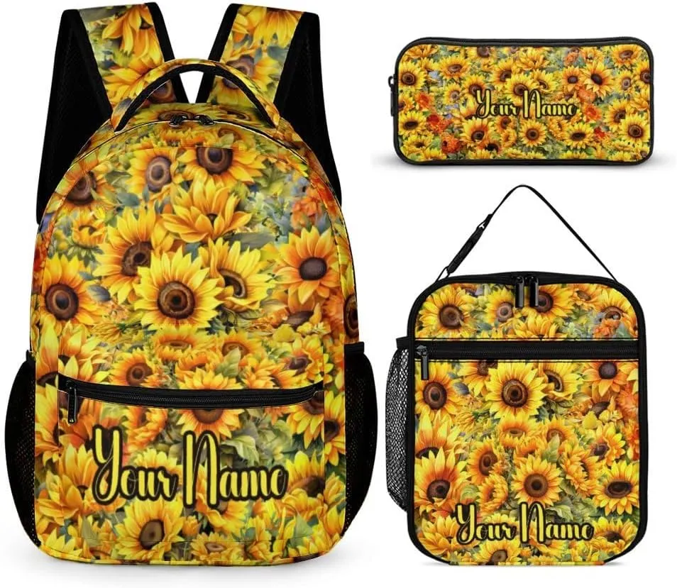 Custom Sunflower Backpack with Lunch Box & Pencil Case for Kids Girls Boys School, 16 Inch Cute Sunflowers Bookbag, School Backpack for Students Children, Lightweight, Large Capacity