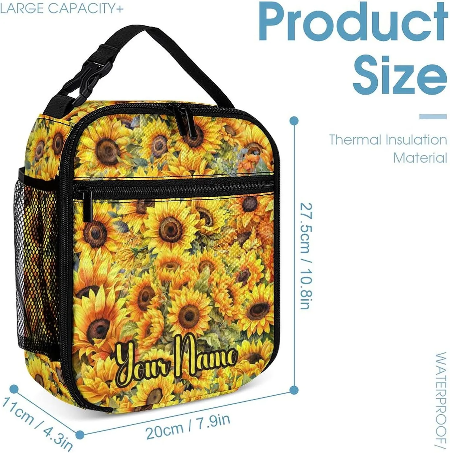Custom Sunflower Backpack with Lunch Box & Pencil Case for Kids Girls Boys School, 16 Inch Cute Sunflowers Bookbag, School Backpack for Students Children, Lightweight, Large Capacity