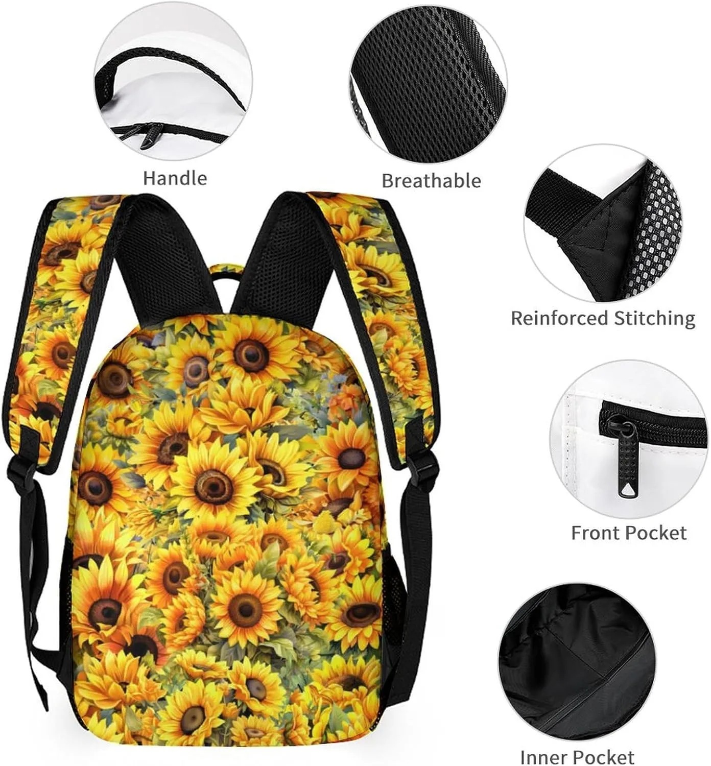 Custom Sunflower Backpack with Lunch Box & Pencil Case for Kids Girls Boys School, 16 Inch Cute Sunflowers Bookbag, School Backpack for Students Children, Lightweight, Large Capacity