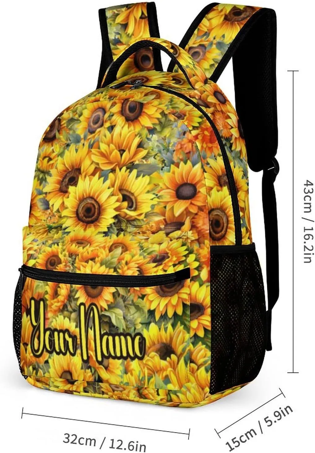 Custom Sunflower Backpack with Lunch Box & Pencil Case for Kids Girls Boys School, 16 Inch Cute Sunflowers Bookbag, School Backpack for Students Children, Lightweight, Large Capacity