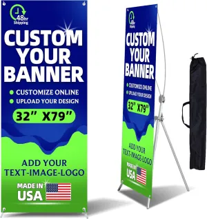 Custom X Banner Stand 32"X79" with Travel Bag | Adjustable Durable Lightweight Aluminum Frame & Thickened Vinyl | Personalized Advertising Display For Trade Shows, Events, Retail Stores, Parties, Weddings | Made In Usa (32"X79")