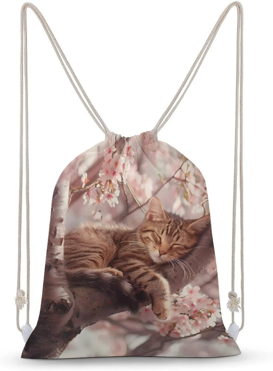 Cute Cat Sleeping on A Tree Drawstring Backpack Lightweight Sports Gym Bag String Bag for Men Women 30x40cm