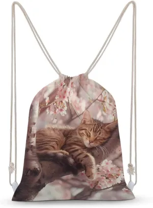 Cute Cat Sleeping on A Tree Drawstring Backpack Lightweight Sports Gym Bag String Bag for Men Women 30x40cm
