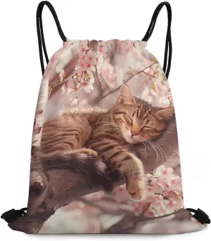Cute Cat Sleeping on A Tree Drawstring Backpack Lightweight String Bag Sports Gym Bag Sackpack for Men Women