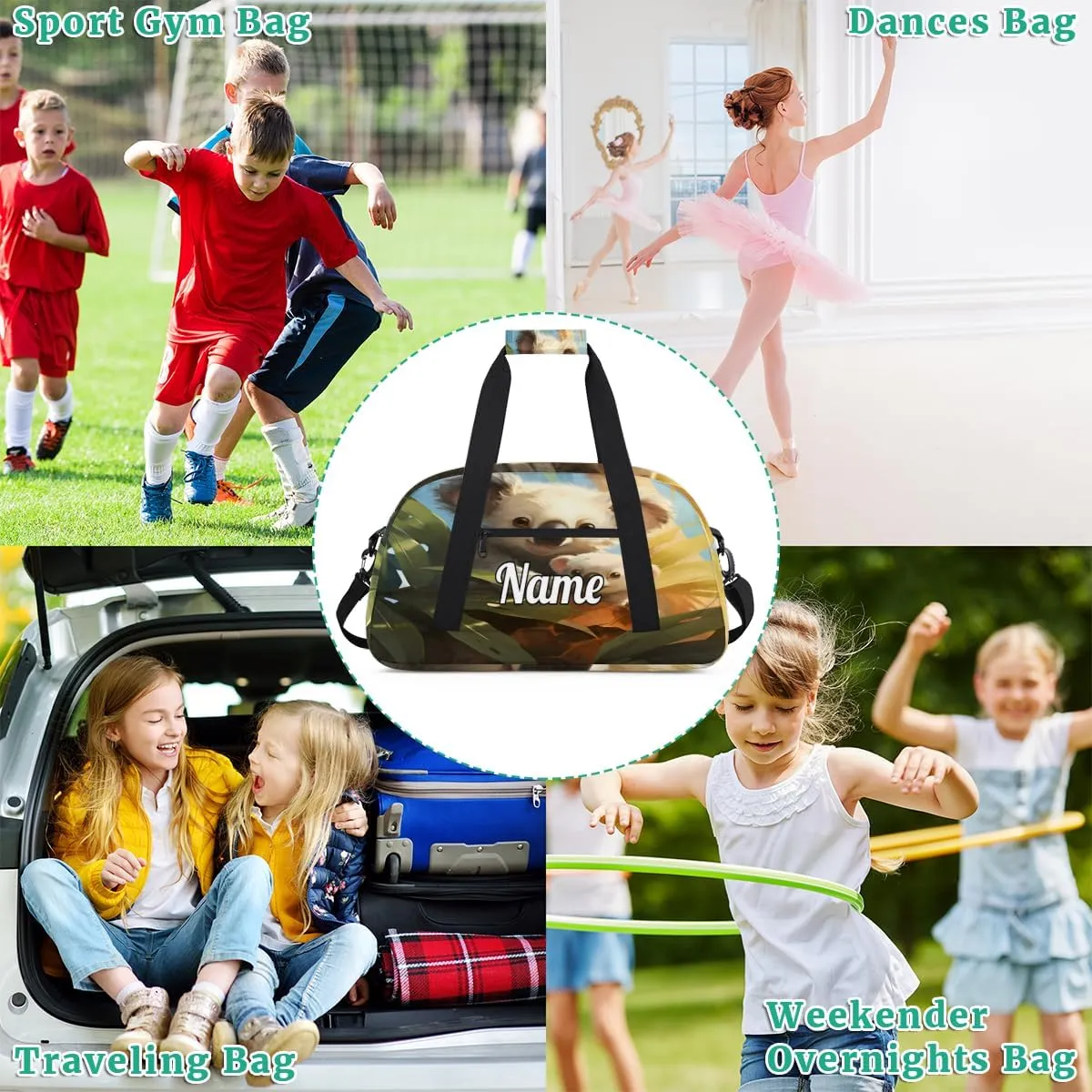 Cute Koala Bear Personalized Kids Gym Bag Custom Name Sport Duffel Bag Dance Ballet Bag for Girls Practice Workout Bag