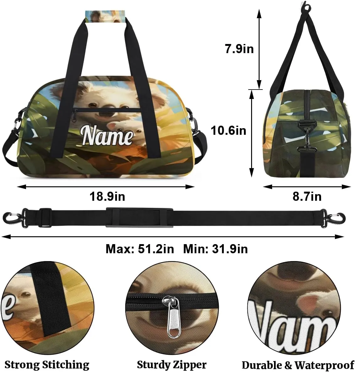 Cute Koala Bear Personalized Kids Gym Bag Custom Name Sport Duffel Bag Dance Ballet Bag for Girls Practice Workout Bag