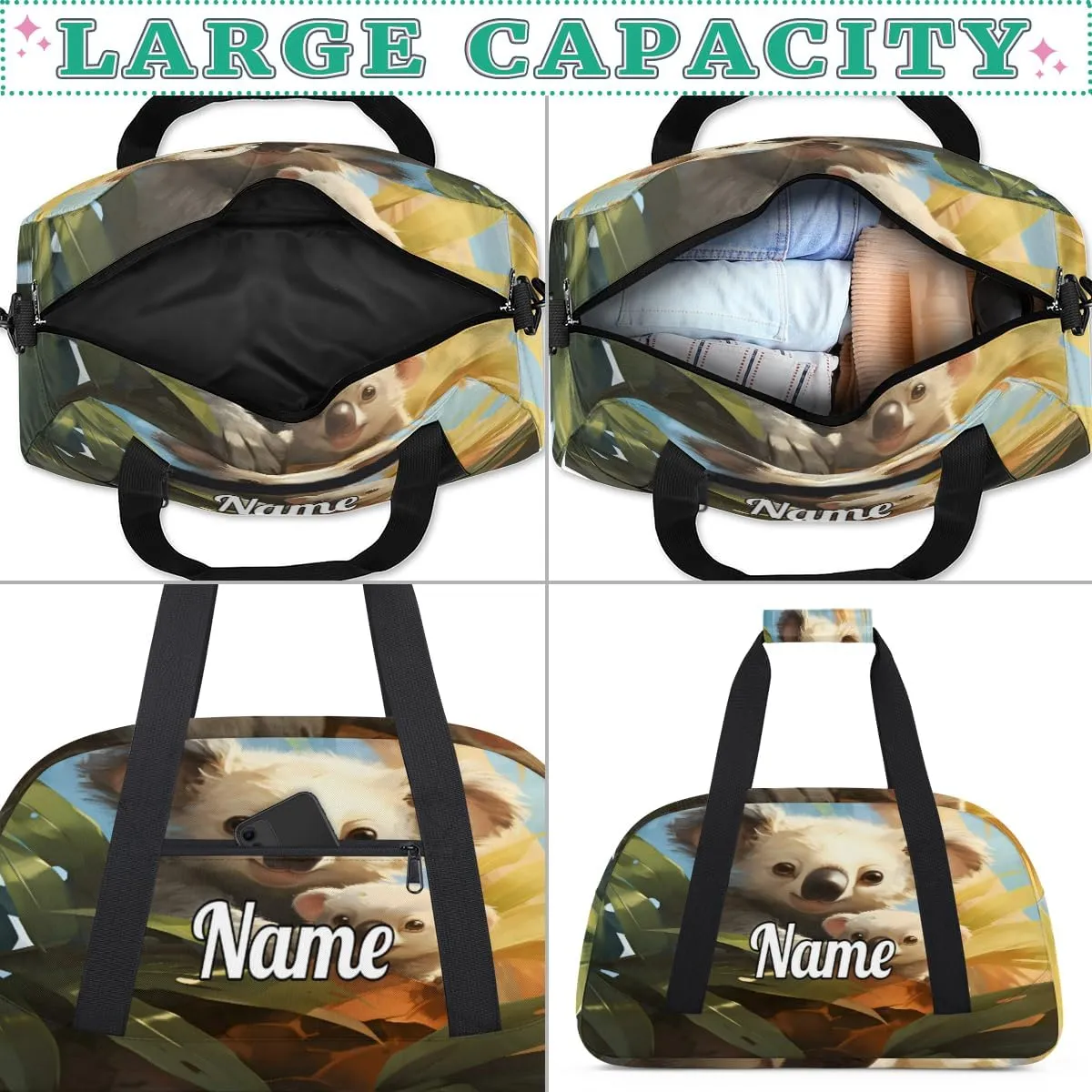 Cute Koala Bear Personalized Kids Gym Bag Custom Name Sport Duffel Bag Dance Ballet Bag for Girls Practice Workout Bag
