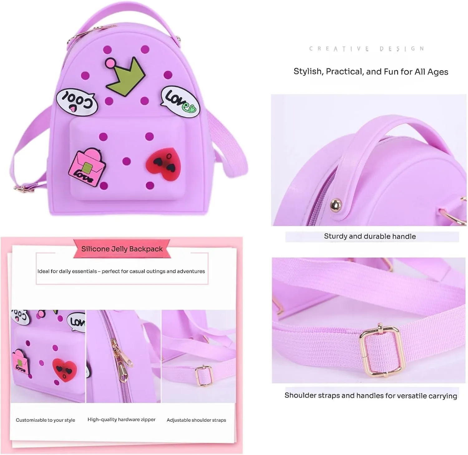 Cute Silicone Jelly Mini Backpack (2 Sizes) for Women Boys & Girls, Water-Resistant Lightweight Bag for Pool, Beach, Gym, Customizable Charms, Easy Clean (Fuchsia, Small Large)