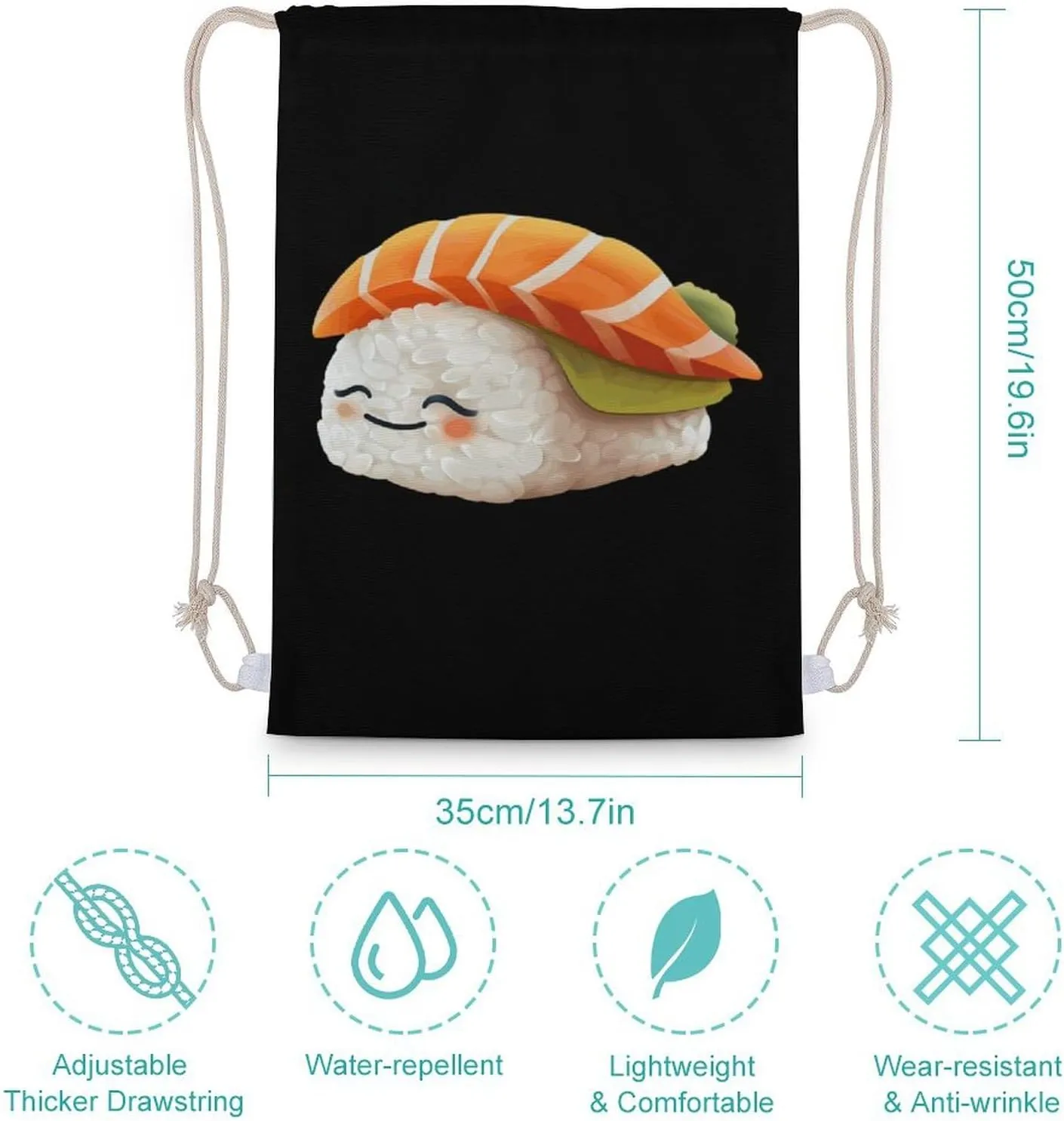 Cute Sleeping Japanese Sushi Drawstring Backpack Lightweight Sports Gym Bag String Bag for Men Women 35x50cm