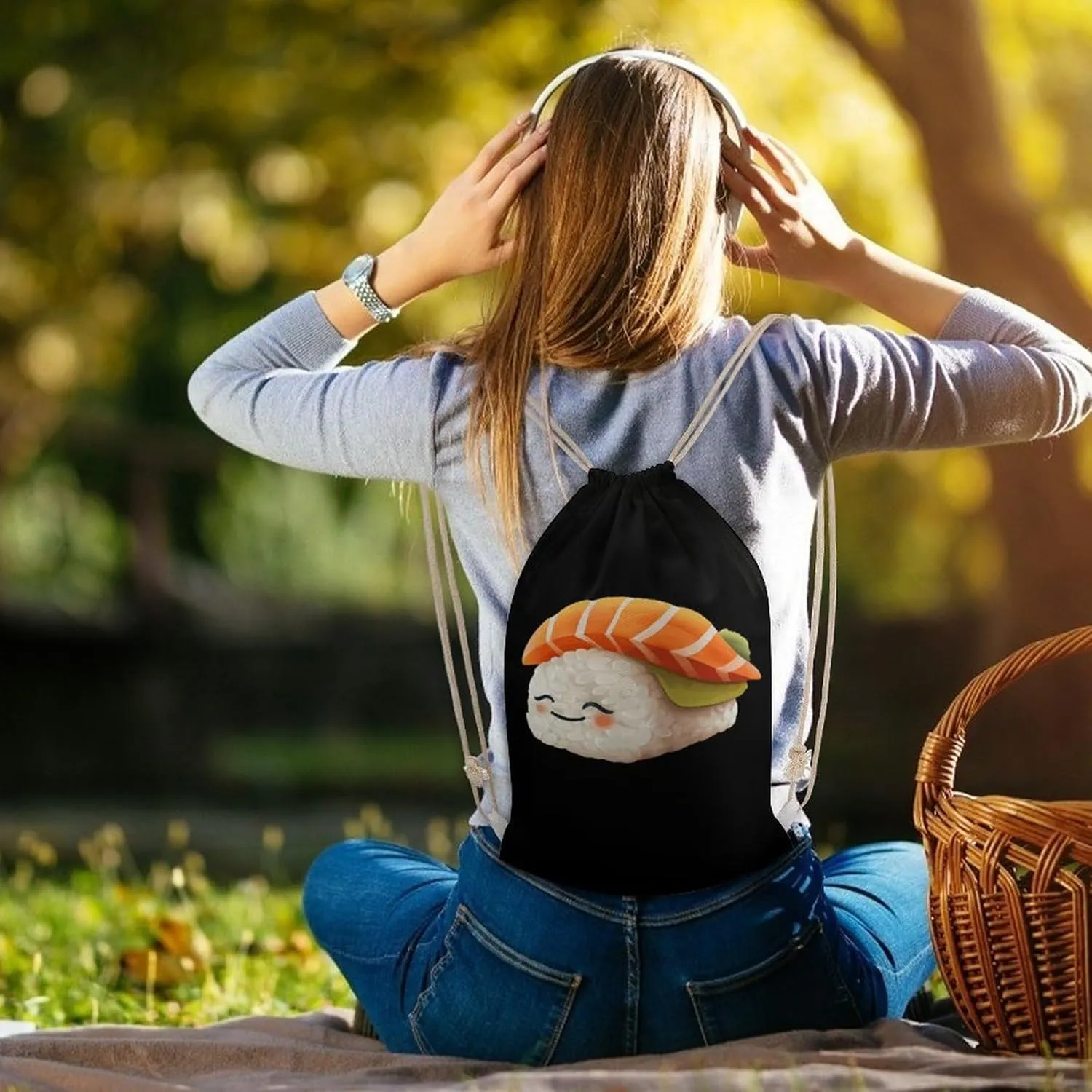 Cute Sleeping Japanese Sushi Drawstring Backpack Lightweight Sports Gym Bag String Bag for Men Women 35x50cm